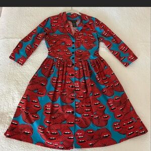 Nooworks Teal Dress with Red Lip Print